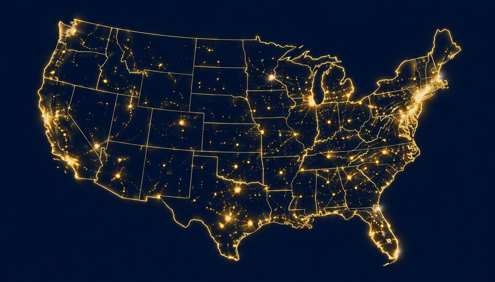 Map of the United States glowing in gold